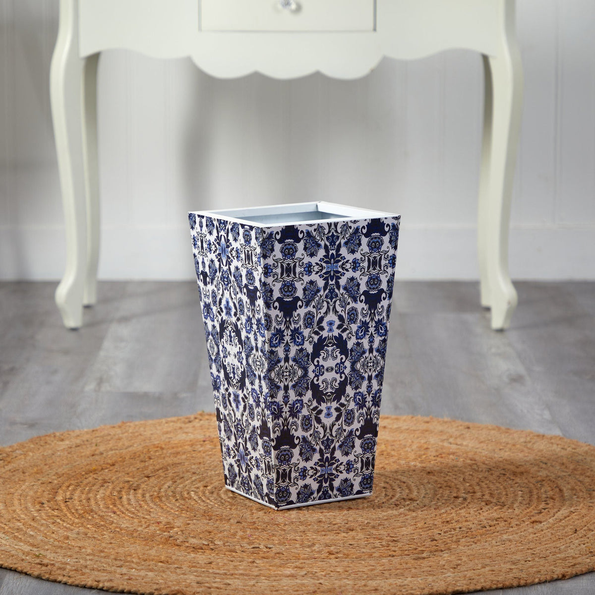 18-inch Oriental Blue and White Classic Metal Planter by Nearly Natural with blue motif on Tampa Home & Garden Store