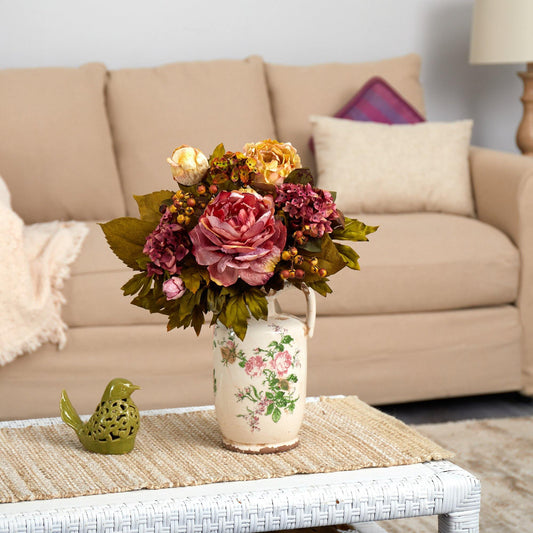 Nearly Natural 18in Peony Arrangement in Floral Pitcher with pink blooms and green leaves on Tampa Home & Garden Store