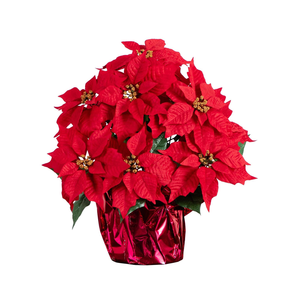 19in artificial poinsettia arrangement in red wrapped planter by Nearly Natural on Tampa Home & Garden Store