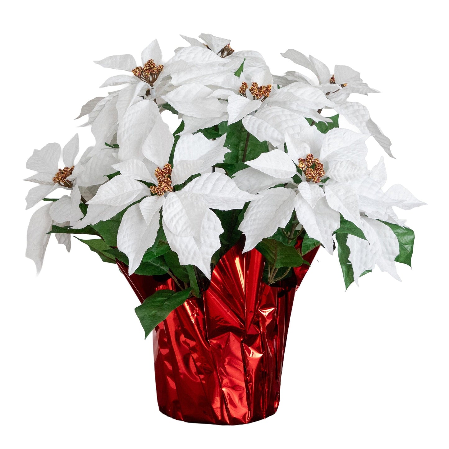 Artificial White Poinsettia Arrangement in Red Wrapped Planter by Nearly Natural on Tampa Home & Garden Store