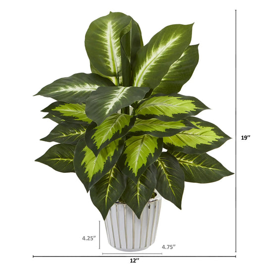 Dieffenbachia artificial plant in white vase with variegated green leaves by Nearly Natural on Tampa Home & Garden Store