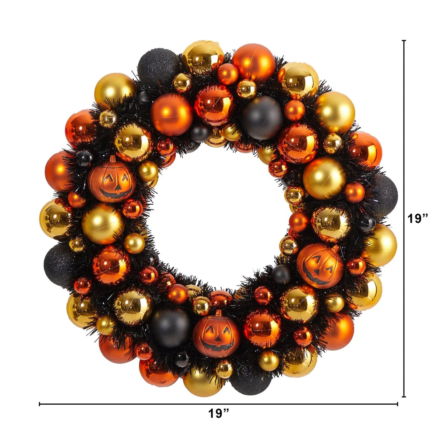 Halloween Jack O'Lantern Shatterproof Wreath Nearly Natural 19 orange pumpkins on black garland on Tampa Home & Garden Store