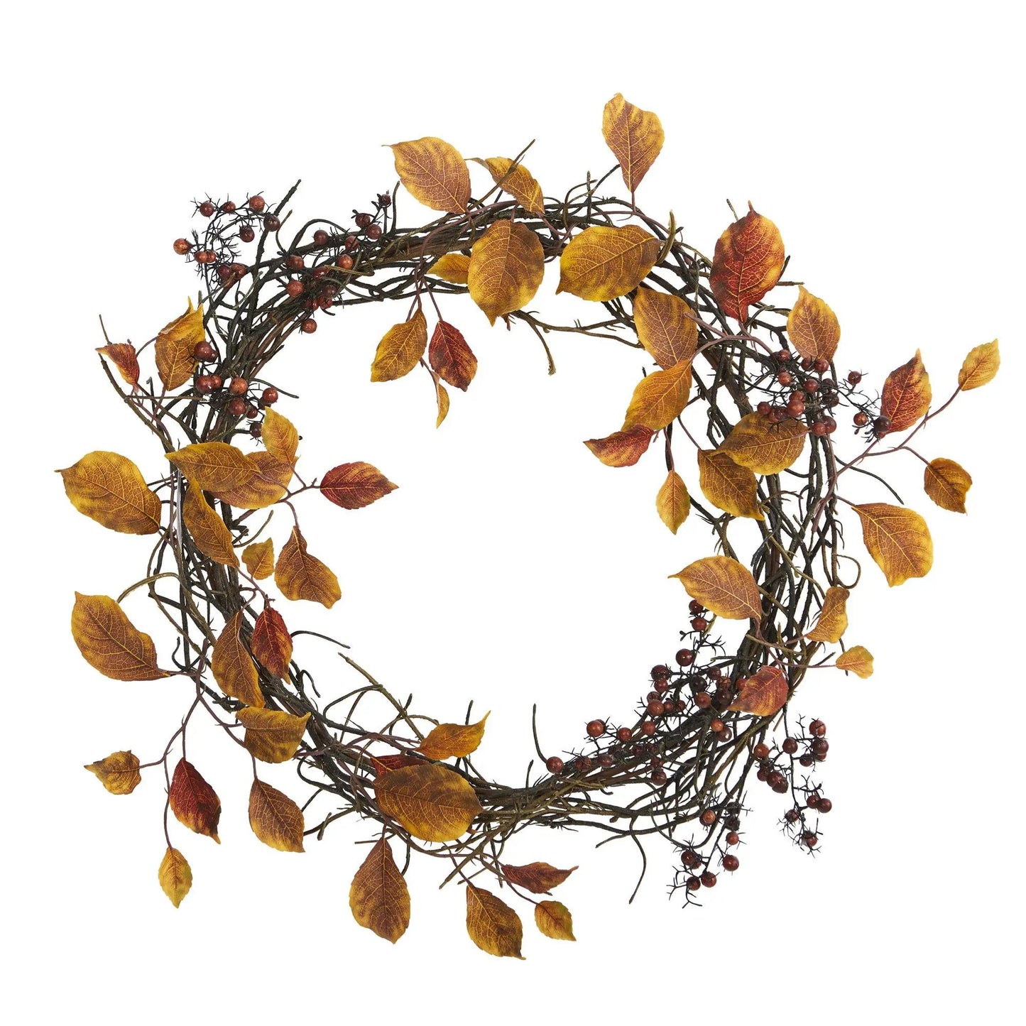 Harvest Leaf Berries Twig Artificial Wreath by Nearly Natural 19in autumn leaves red berries on Tampa Home & Garden Store