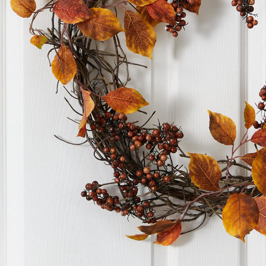 19” Harvest Leaf, Berries and Twig Artificial Wreath - Tampa Home & Garden Store