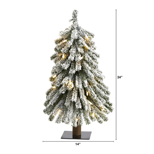 2’ Flocked Grand Alpine Artificial Christmas Tree with 35 Clear Lights and 111 Bendable Branches on Natural Trunk - Tampa Home & Garden Store
