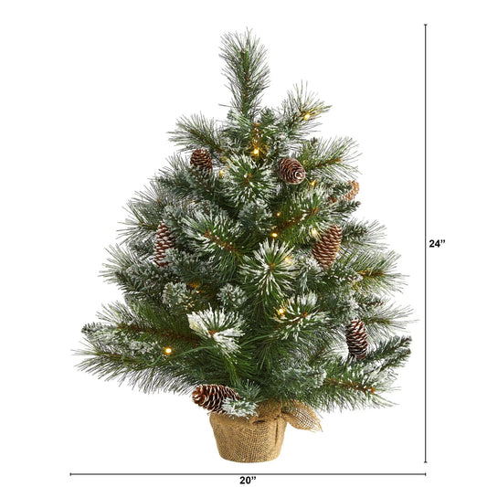 Frosted Pine Christmas Tree, 2 ft tall with 35 clear LED lights, pinecones and burlap base on Tampa Home & Garden Store