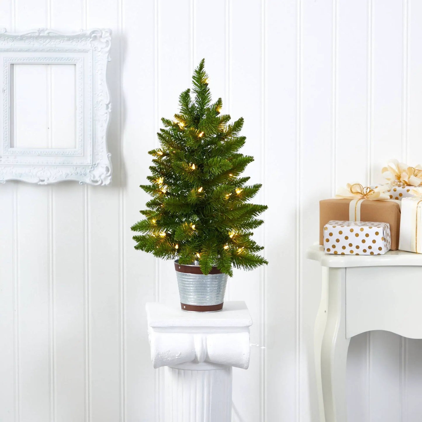 Providence Pine 2 ft artificial Christmas tree with lights by Nearly Natural in a metal planter on Tampa Home & Garden Store