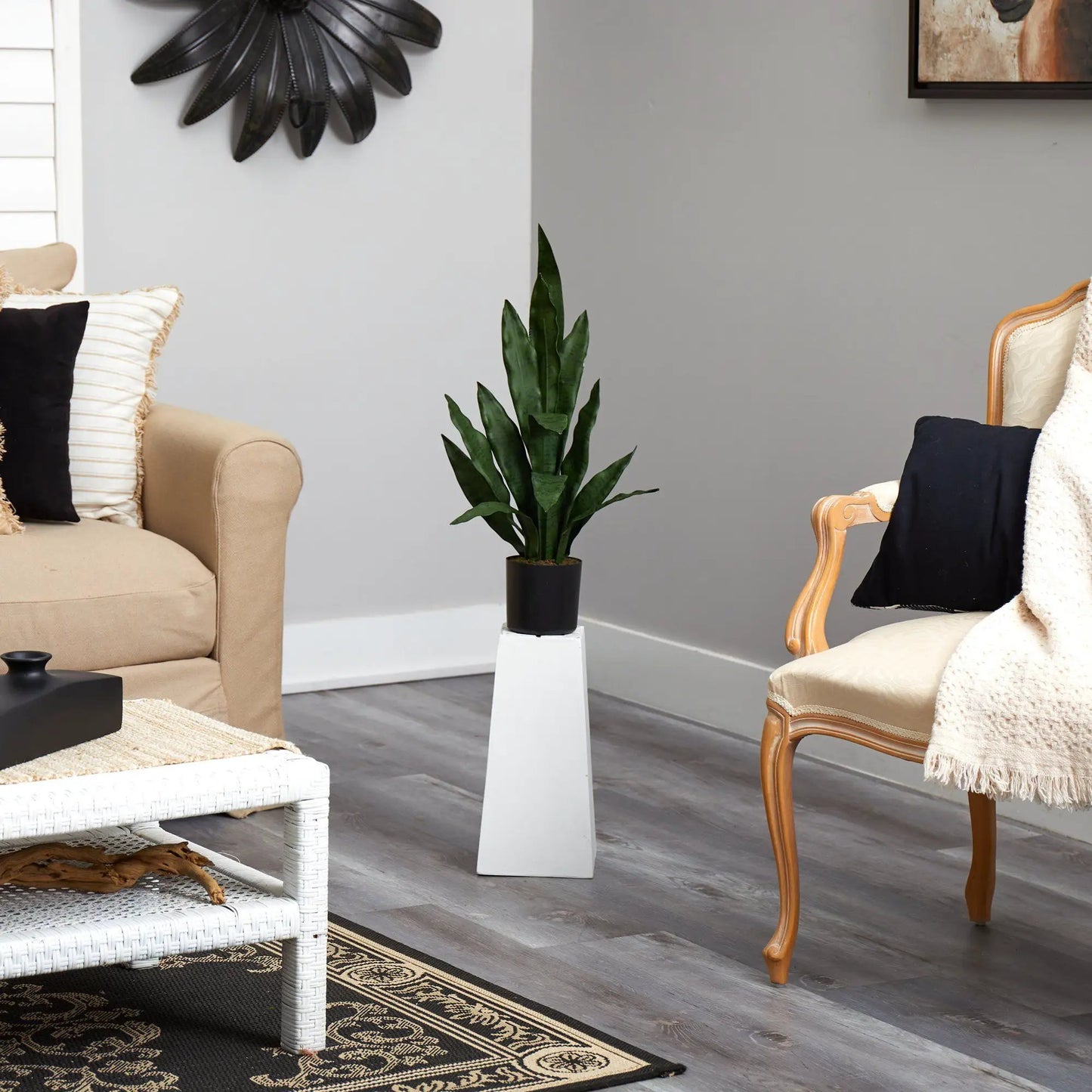 Two Foot Sansevieria Artificial Plant by Nearly Natural in black pot for indoor decor on Tampa Home & Garden Store