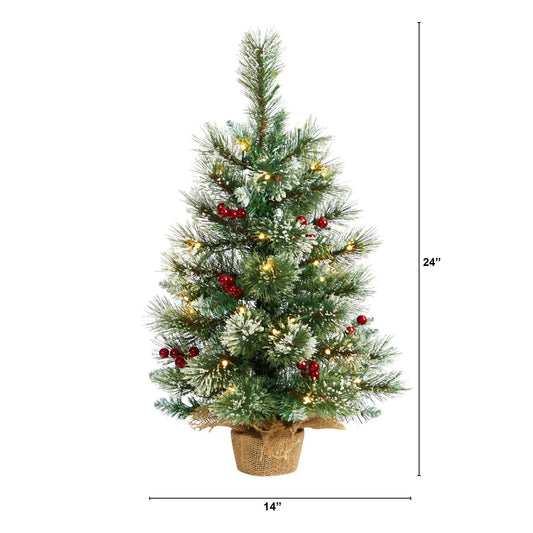 2 ft Snow Pine and Berry Christmas Tree with 35 LED Lights in Burlap Base Nearly Natural on Tampa Home & Garden Store