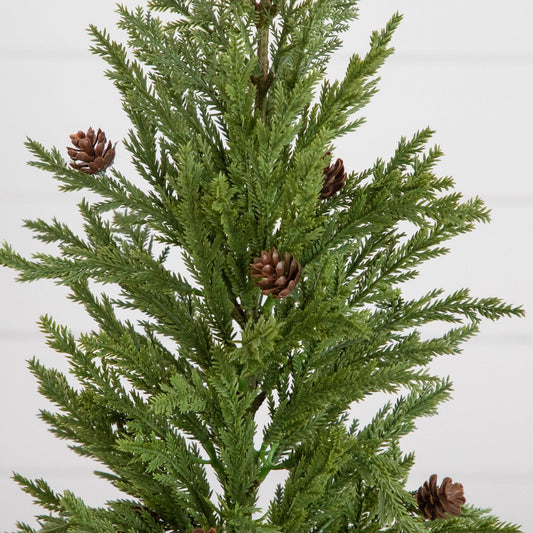 20-inch artificial cedar pine tree with pinecones in white ceramic planter on Tampa Home & Garden Store
