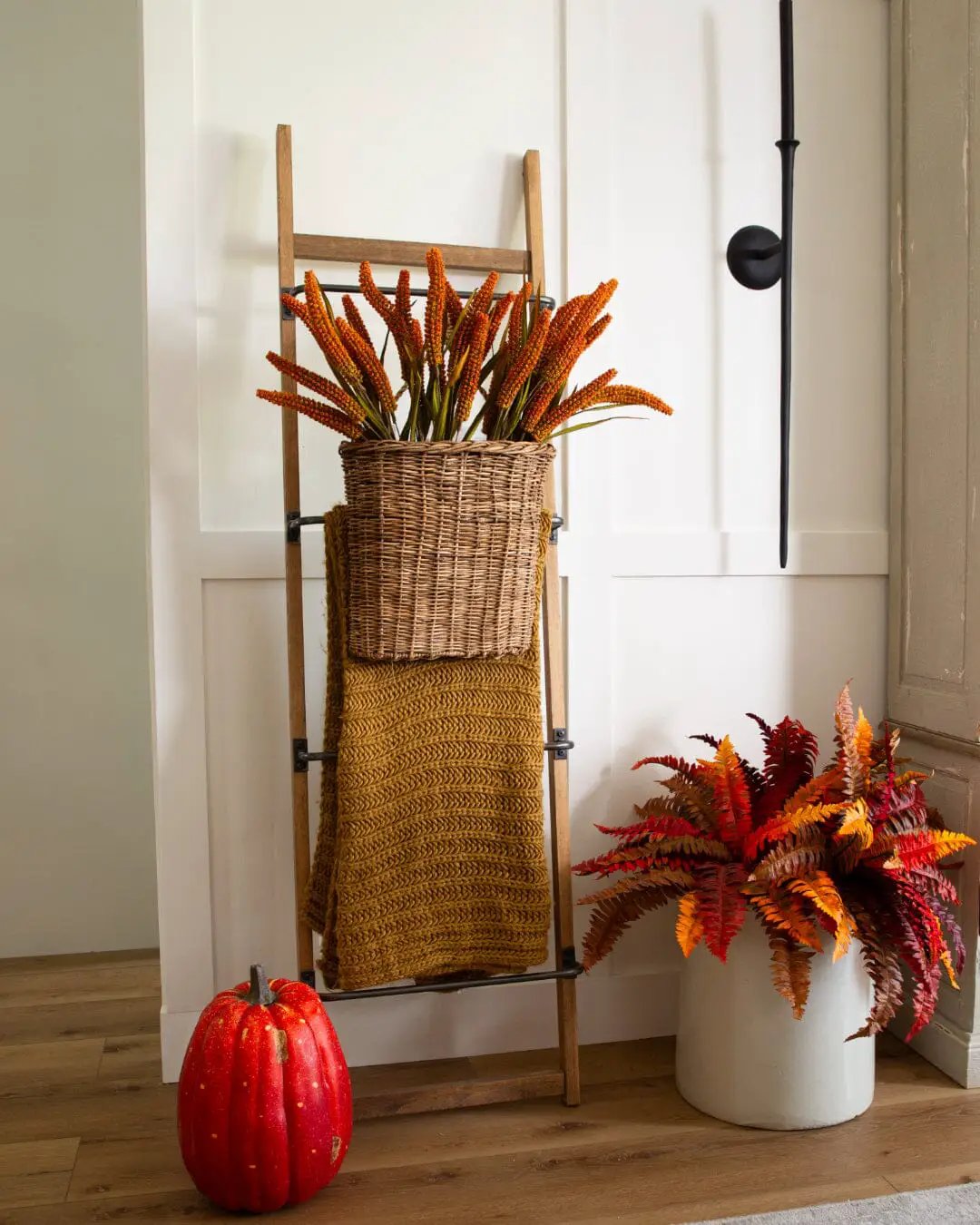 20 Inch Autumn Boston Fern artificial plant set of 3 in a woven basket with orange-brown fronds on Tampa Home & Garden Store
