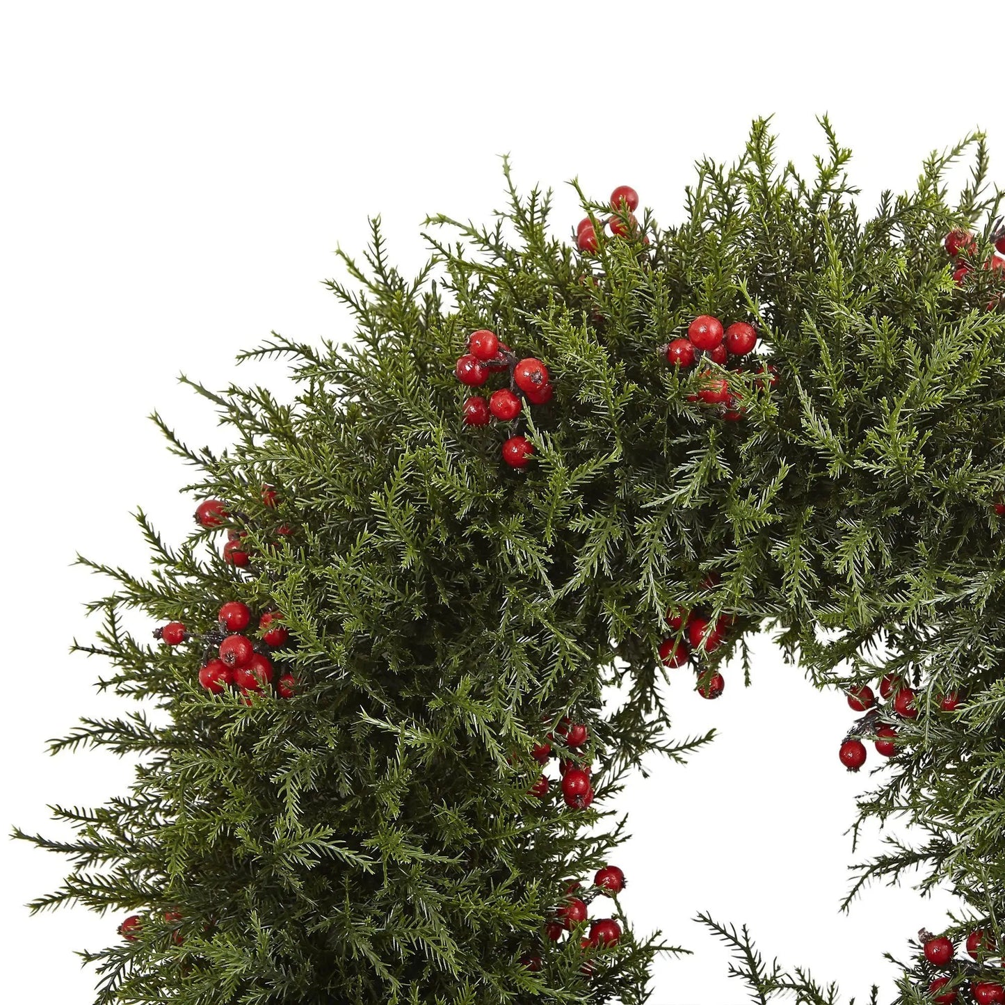Cedar Berry Wreath by Nearly Natural, evergreen cedar with red berries, 20 inches on Tampa Home & Garden Store