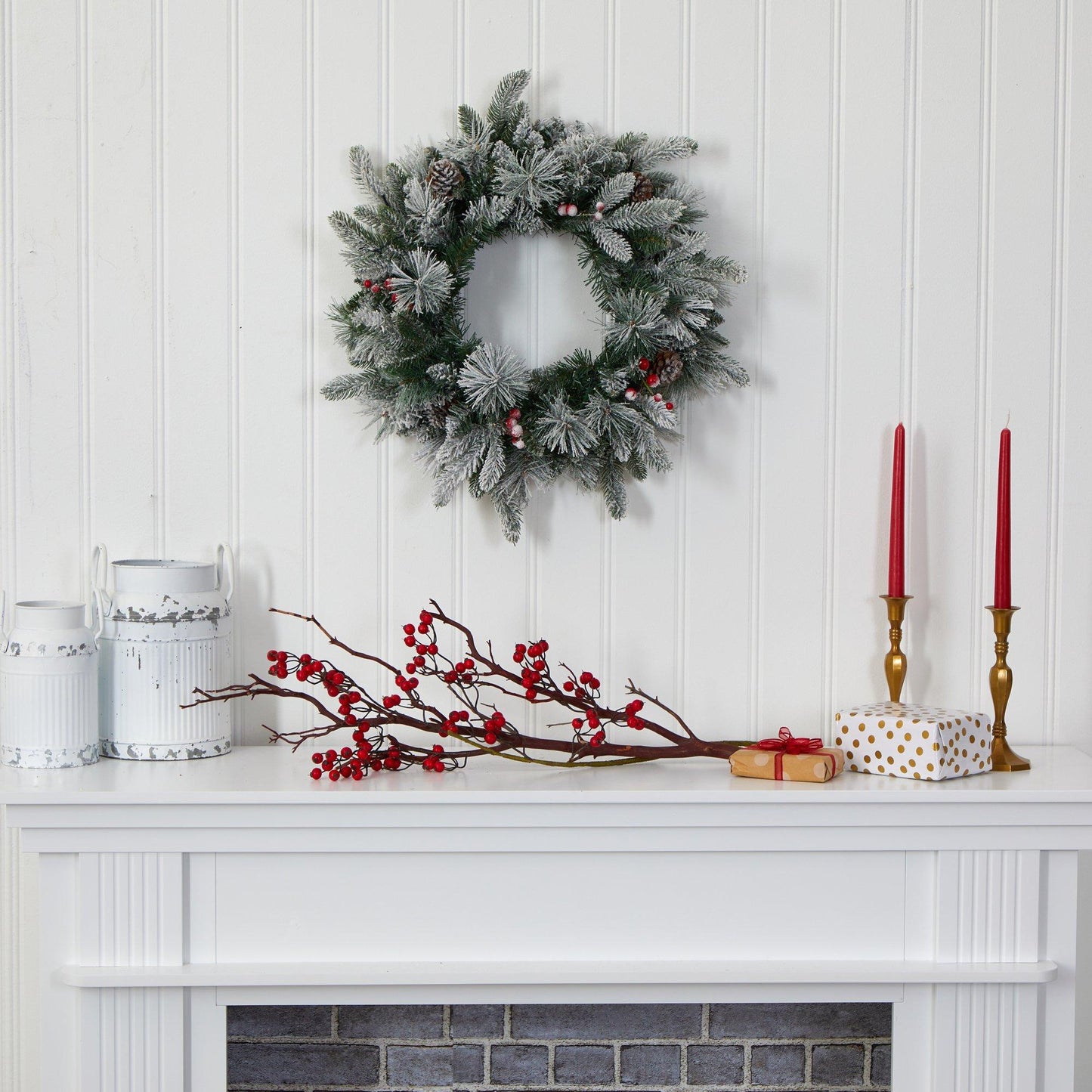 Wreath Nearly Natural 20-inch flocked pine with lights; frosted needles, pine cones, red berries on Tampa Home & Garden Store