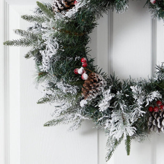 20” Flocked Mixed Pine Artificial Christmas Wreath with 50 LED Lights, Pine Cones and Berries - Tampa Home & Garden Store