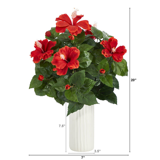 Hibiscus artificial plant in white planter with red blossoms, 20” tall, Nearly Natural on Tampa Home & Garden Store