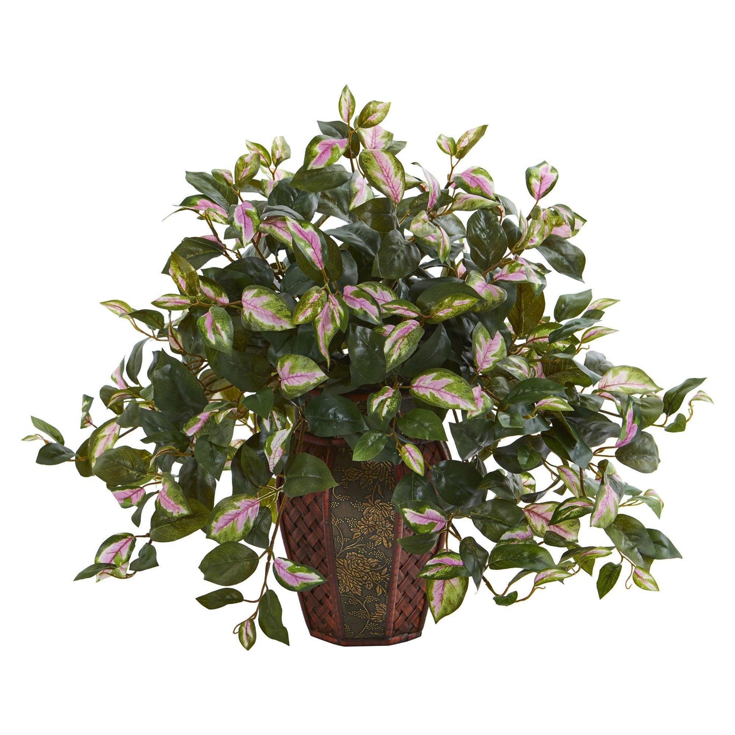 20in Hoya faux plant with pink-variegated green leaves in a woven decorative planter on Tampa Home & Garden Store