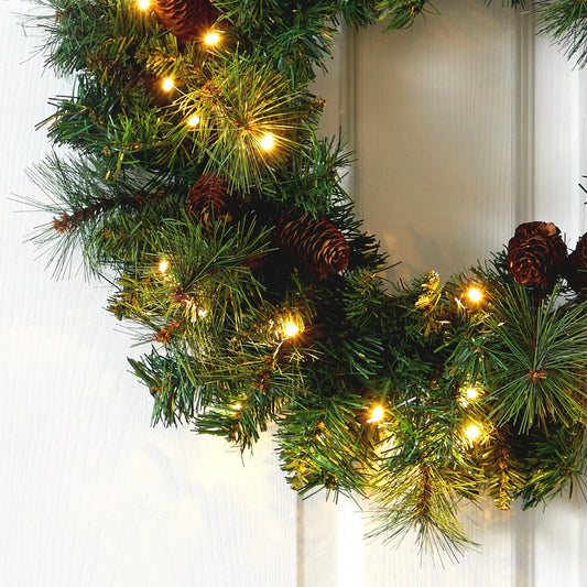 20” Mixed Pine and Pinecone Artificial Christmas Wreath with 35 Clear LED Lights - Tampa Home & Garden Store