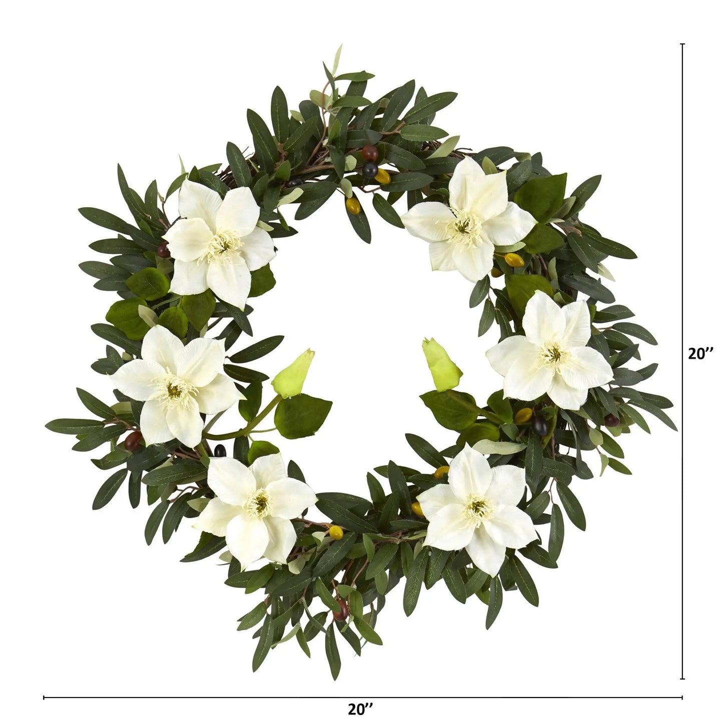 Wreath 20-inch olive and anemone artificial greenery with white blooms by Nearly Natural on Tampa Home & Garden Store