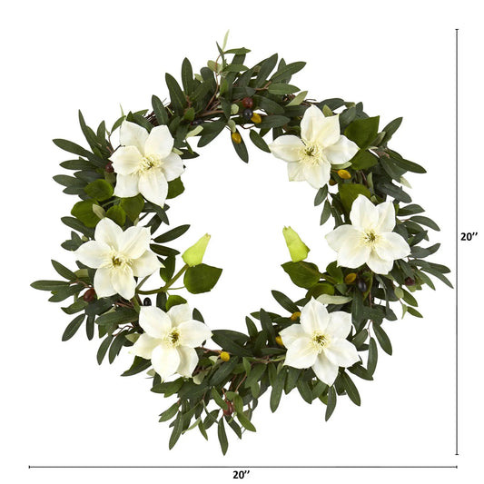 Wreath 20-inch olive and anemone artificial greenery with white blooms by Nearly Natural on Tampa Home & Garden Store