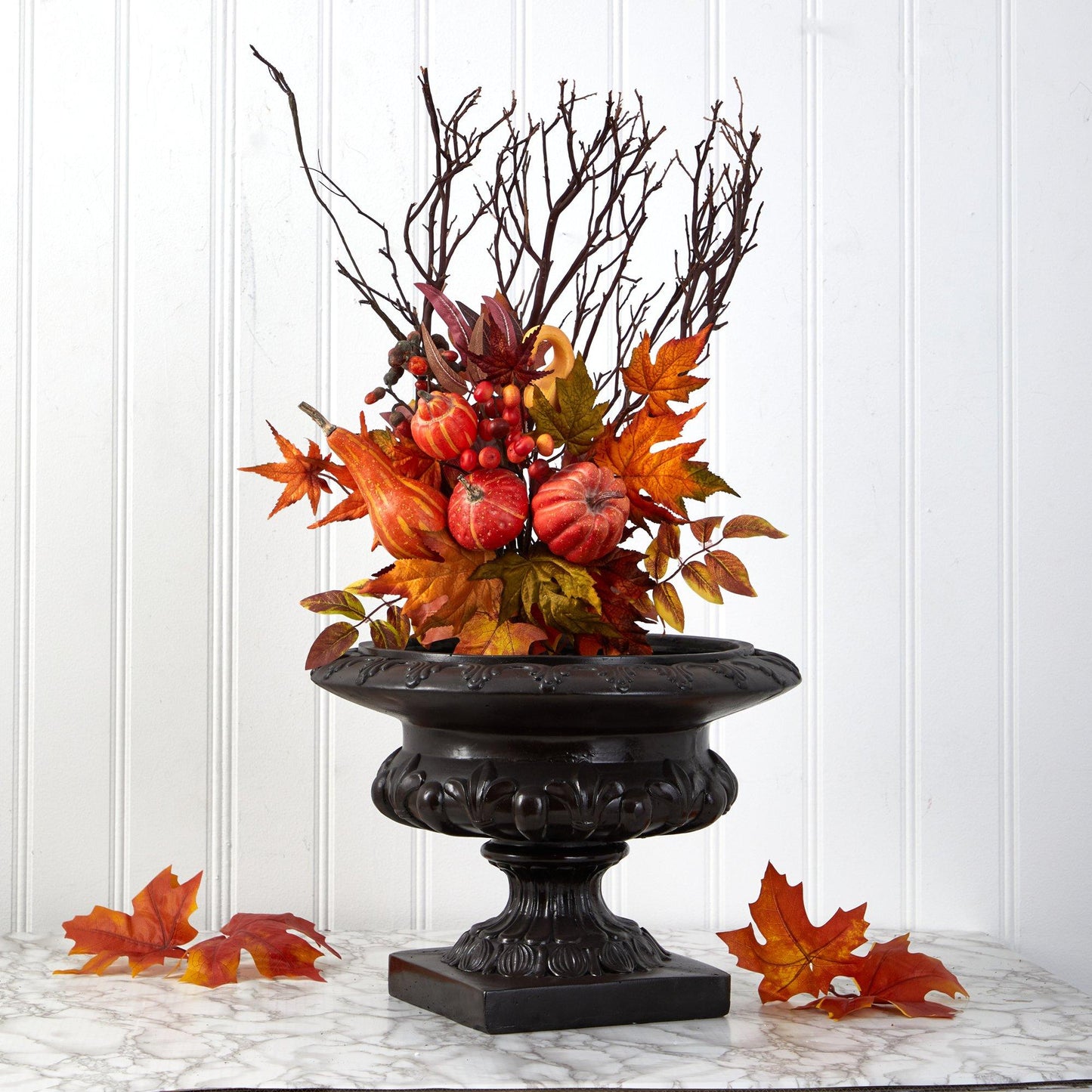 Pumpkin and maple leaf artificial bouquet stems set of 2 with leaves and berries on vase on Tampa Home & Garden Store