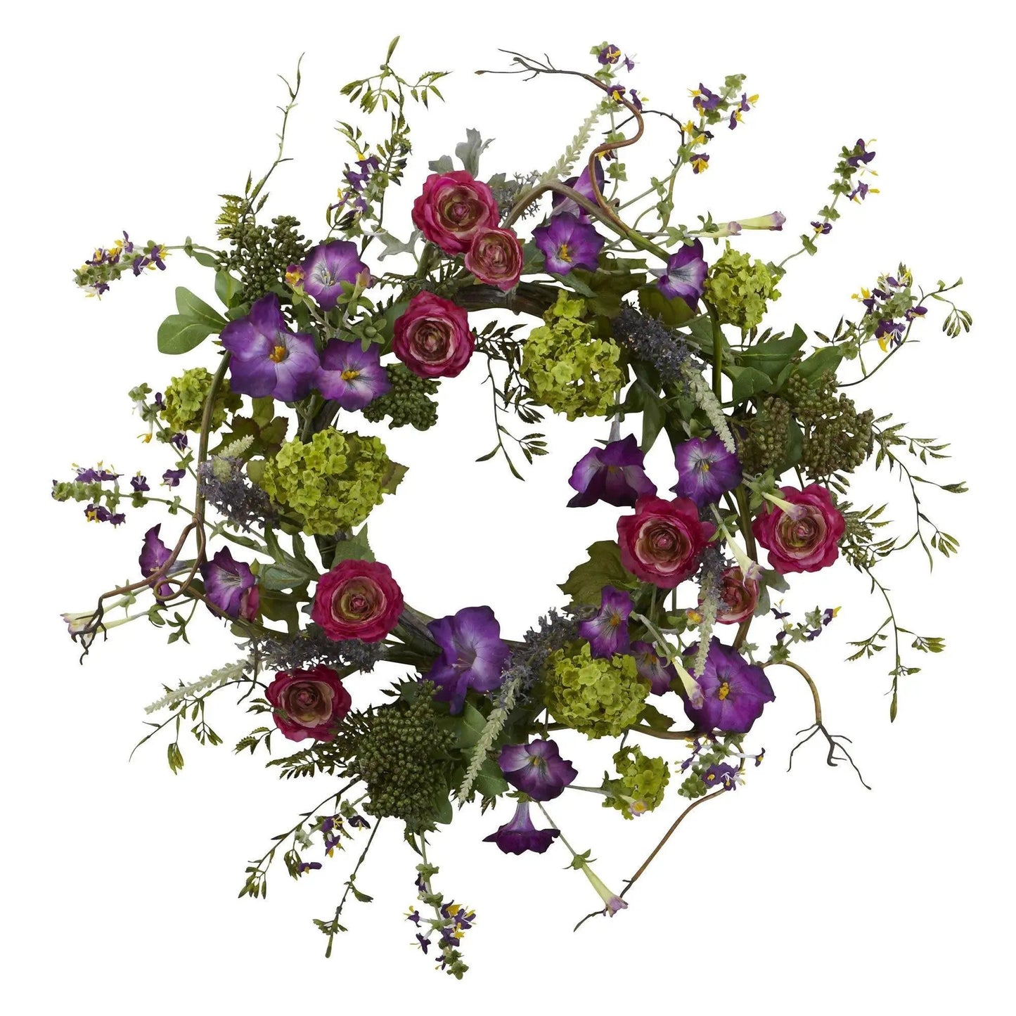 Veranda Garden Wreath for Outdoor Decor by Nearly Natural with purple flowers and pink roses on Tampa Home & Garden Store