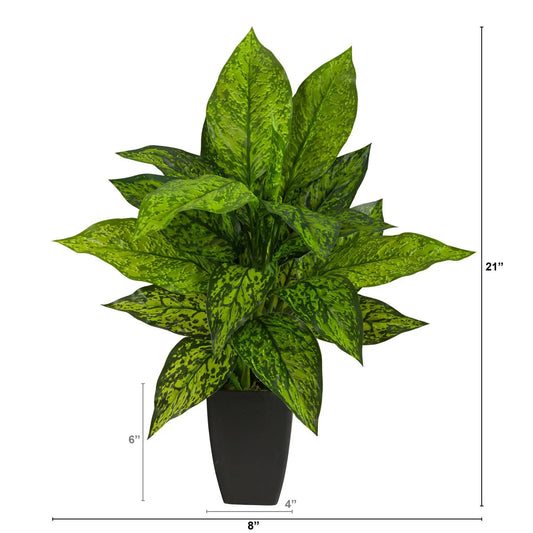 Dieffenbachia artificial plant in black planter with variegated green leaves by Nearly Natural on Tampa Home & Garden Store