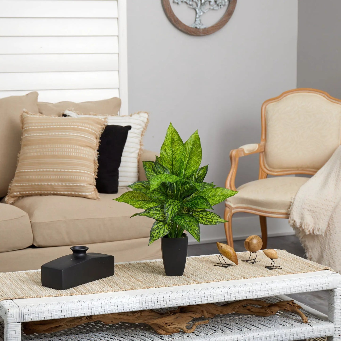 Dieffenbachia artificial plant in black planter with green variegated leaves on Tampa Home & Garden Store