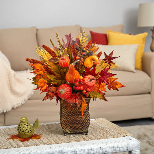 Autumn Pumpkin and Maple Leaf Sorghum Arrangement in a brown lattice vase on Tampa Home & Garden Store