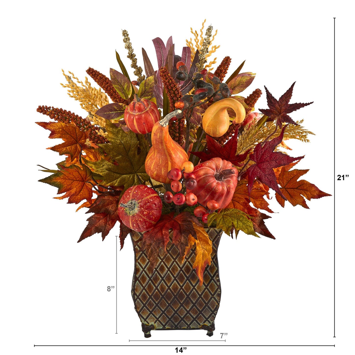 Autumn Pumpkin and Maple Leaf Sorghum Arrangement artificial decor in a brown diamond vase on Tampa Home & Garden Store