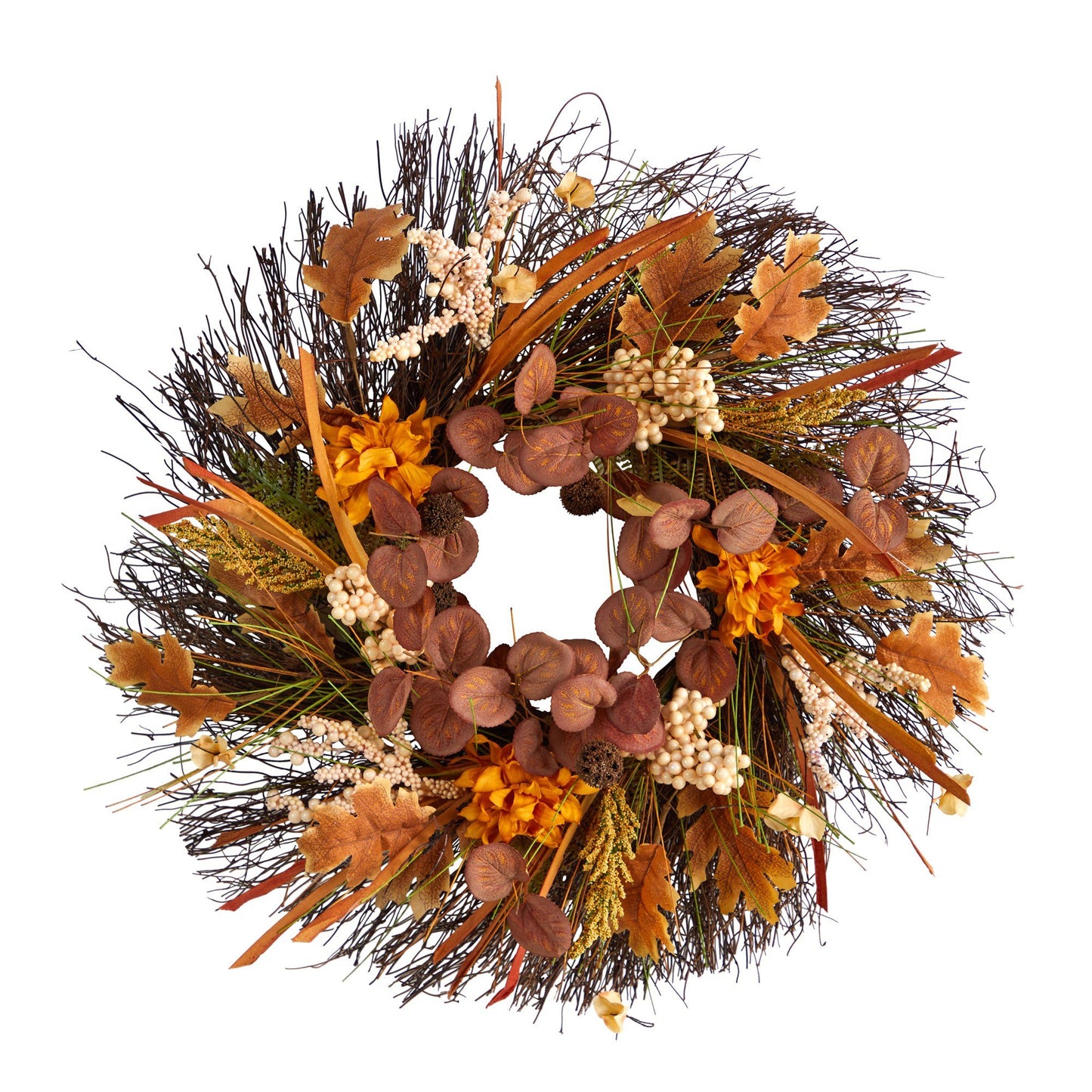 Autumn Dahlia and Berries Wreath by Nearly Natural, orange brown leaves with cream berries on Tampa Home & Garden Store