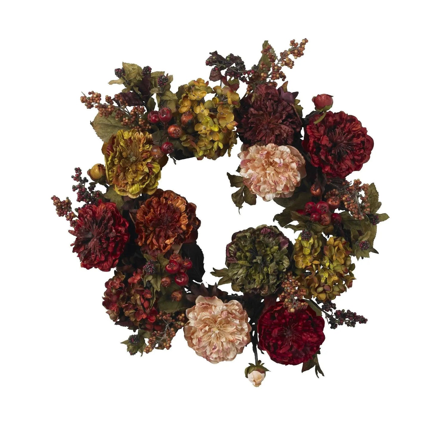 Autumn Hydrangea Peony Wreath, 22-inch, Nearly Natural faux blooms in burgundy and gold with berries on Tampa Home & Garden Store