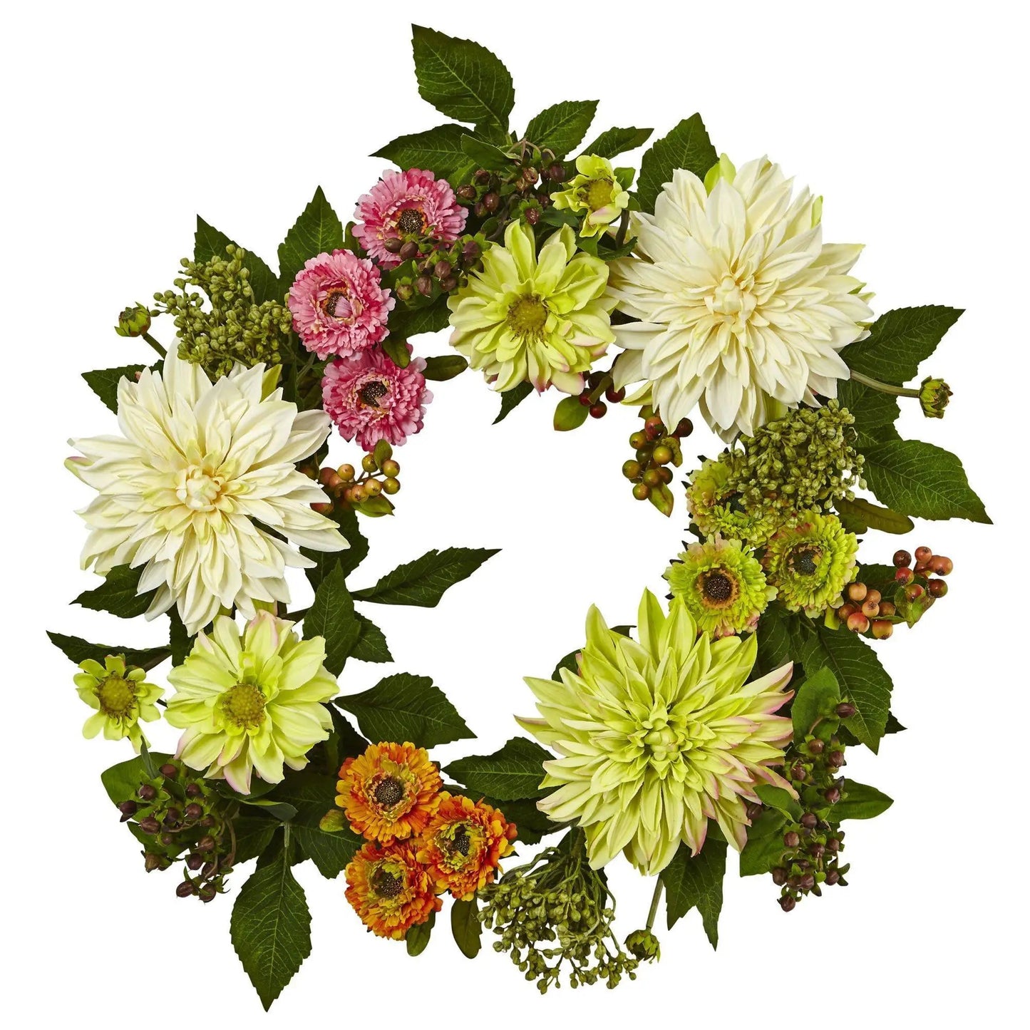 Dahlia and Mum Wreath with cream dahlias, pink and lime mums amid green foliage on Tampa Home & Garden Store