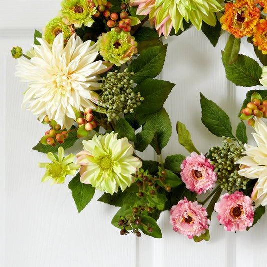 Dahlia and Mum Wreath by Nearly Natural with cream pink orange blooms and green foliage on Tampa Home & Garden Store