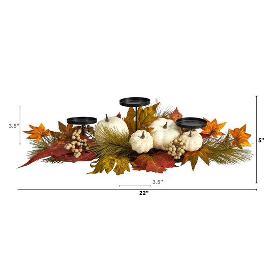 Fall Pumpkin and Maple Leaf Candelabrum by Nearly Natural with orange leaves and black holders on Tampa Home & Garden Store