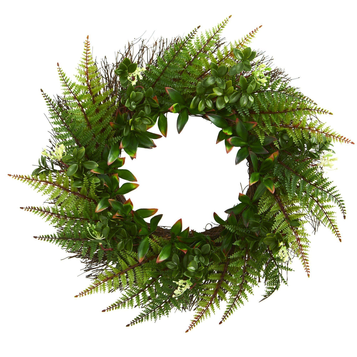 Wreath 23in fern blend with glossy green leaves UV resistant indoor/outdoor Nearly Natural on Tampa Home & Garden Store