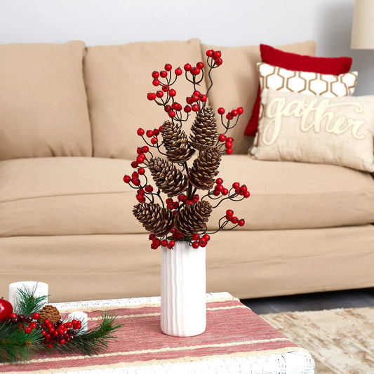 23-inch Pinecone and Berries Arrangement in White Vase on a white pedestal on Tampa Home & Garden Store