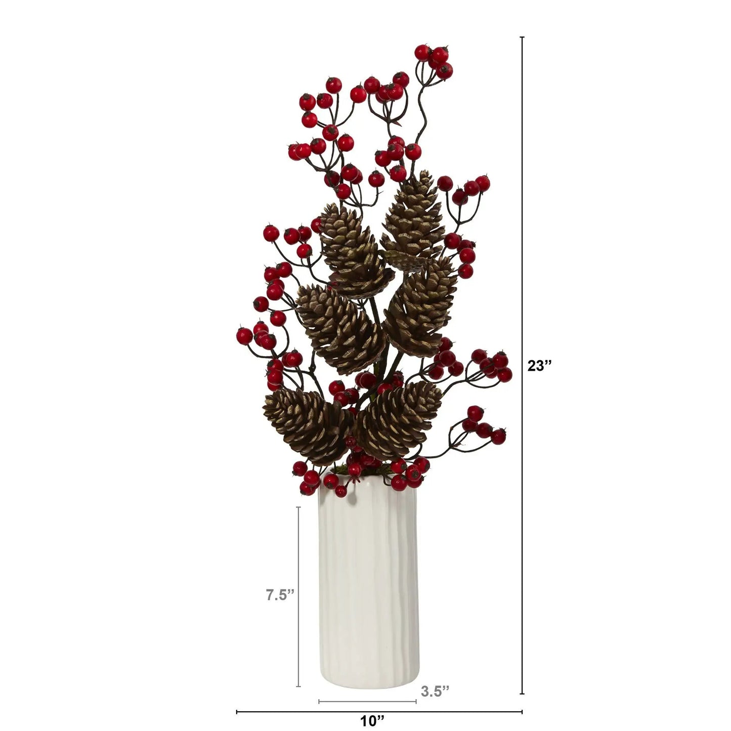 23-inch pinecone and red berry arrangement in white vase Nearly Natural on Tampa Home & Garden Store