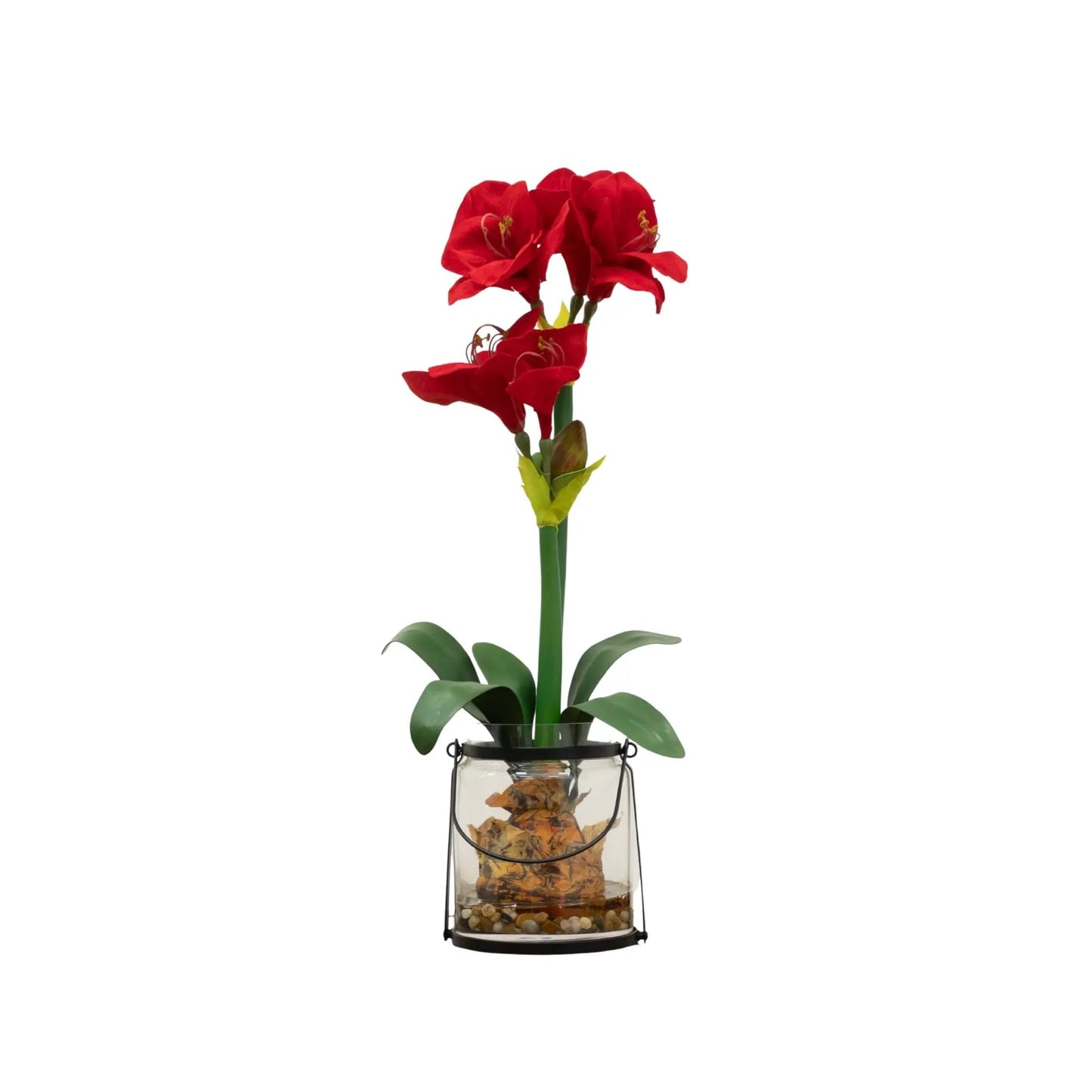 24-inch Amaryllis artificial blooms in glass vase with green leaves by Nearly Natural on Tampa Home & Garden Store