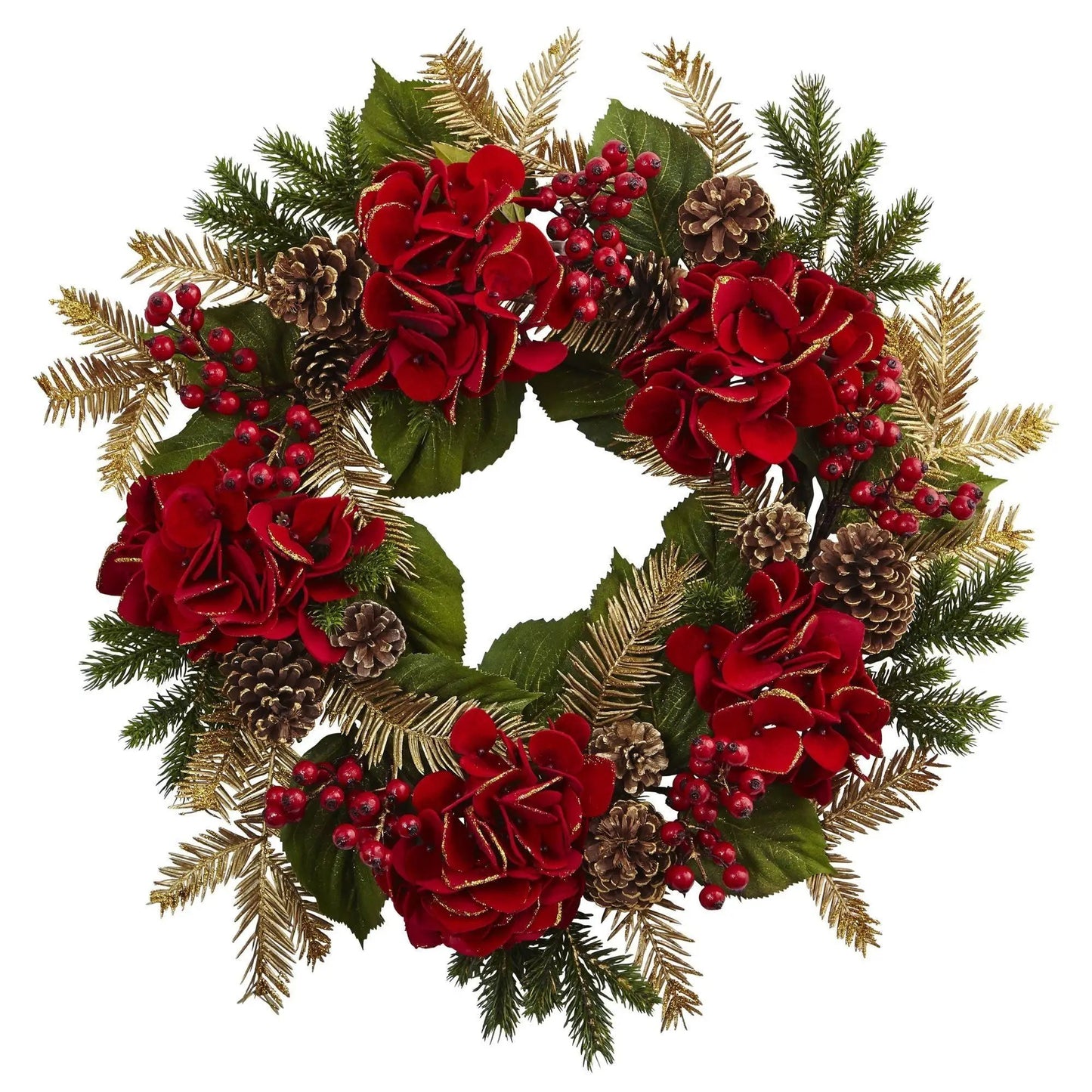 Artificial Hydrangea and Pine Wreath Red Gold by Nearly Natural, 24in with berries on Tampa Home & Garden Store