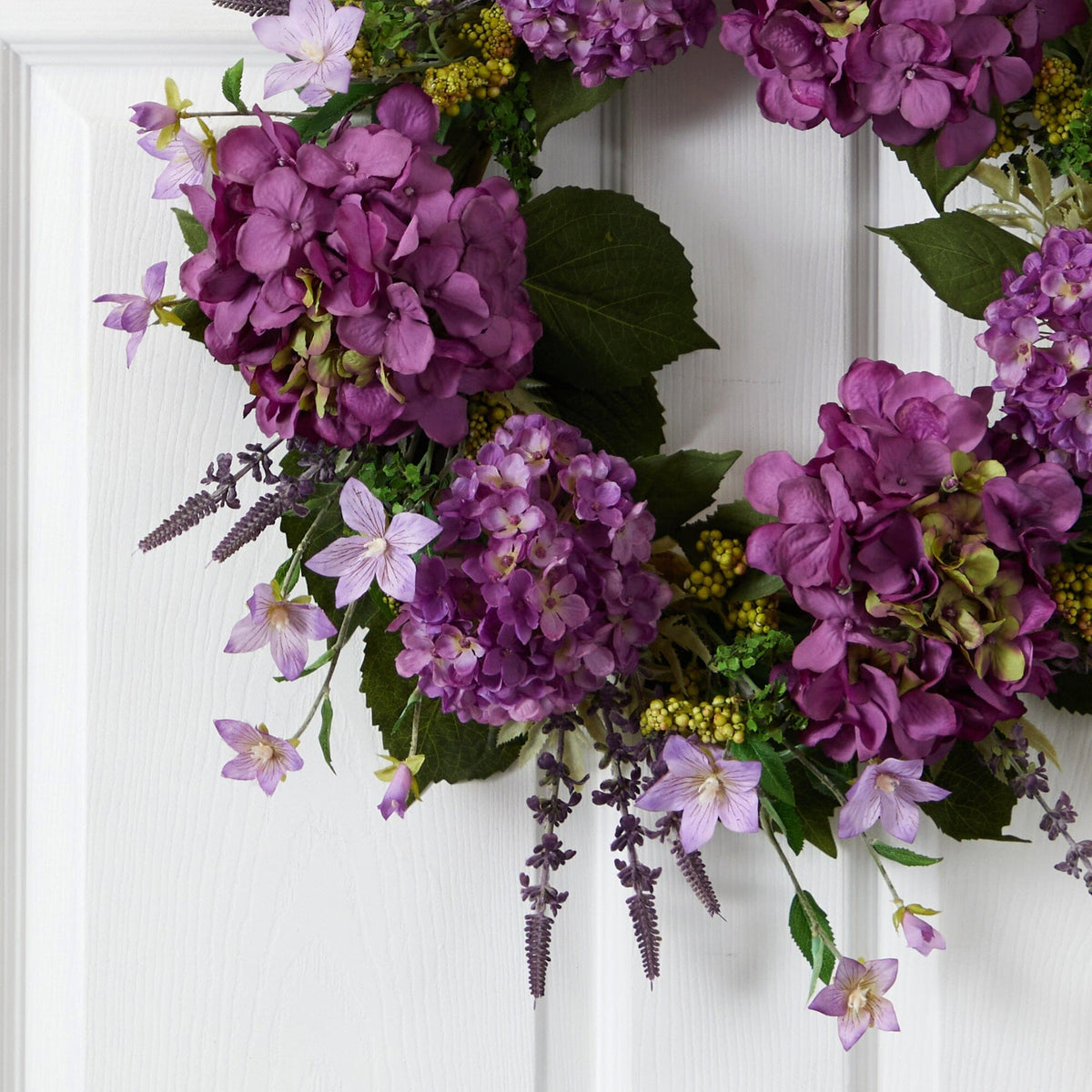 24” Artificial Hydrangea Wreath Nearly Natural purple hydrangea blossoms with green foliage on Tampa Home & Garden Store