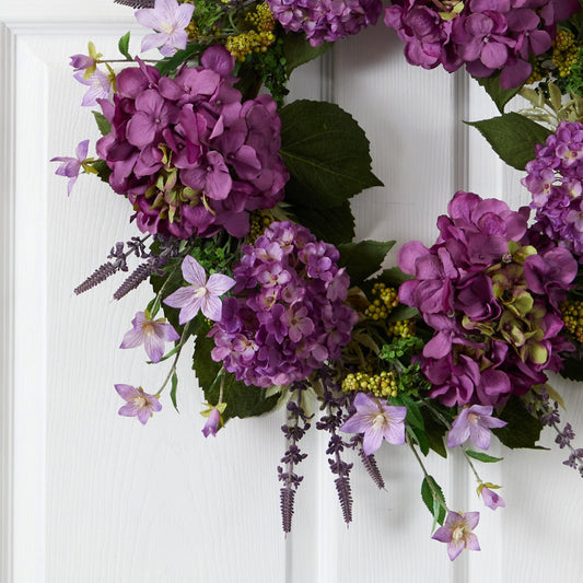 24” Artificial Hydrangea Wreath Nearly Natural purple hydrangea blossoms with green foliage on Tampa Home & Garden Store