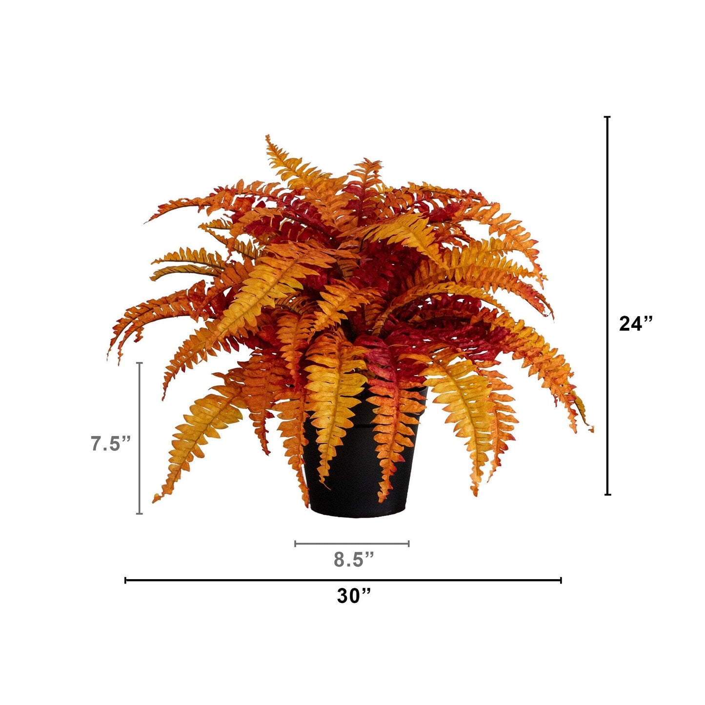 Artificial 24in Autumn Boston Fern plant in a black pot with orange-red fronds on Tampa Home & Garden Store