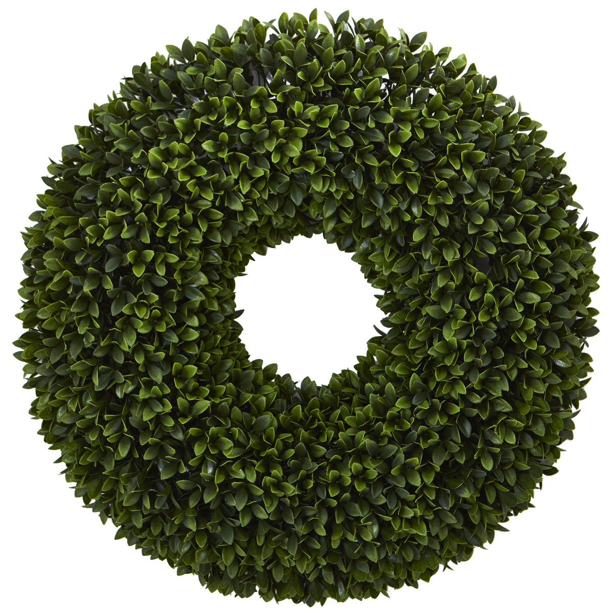 24-inch Boxwood artificial wreath by Nearly Natural with dense green leaves on Tampa Home & Garden Store