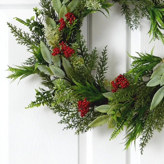 24” Cedar, Eucalyptus and Berries Artificial Christmas Wreath - Tampa Home & Garden Store