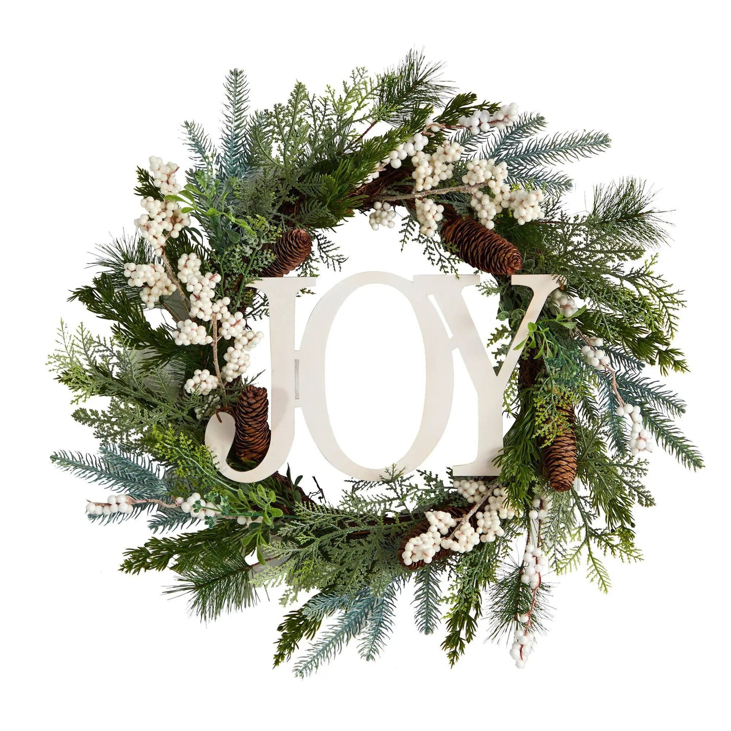 Nearly Natural 24 Inch Christmas Joy greenery wreath with white berries and pinecones on Tampa Home & Garden Store