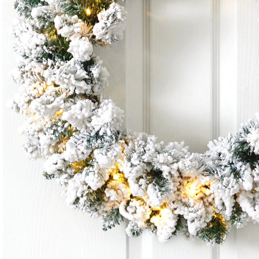 24” Flocked Artificial Christmas Wreath with 160 Bendable Branches and 35 Warm White LED Lights - Tampa Home & Garden Store