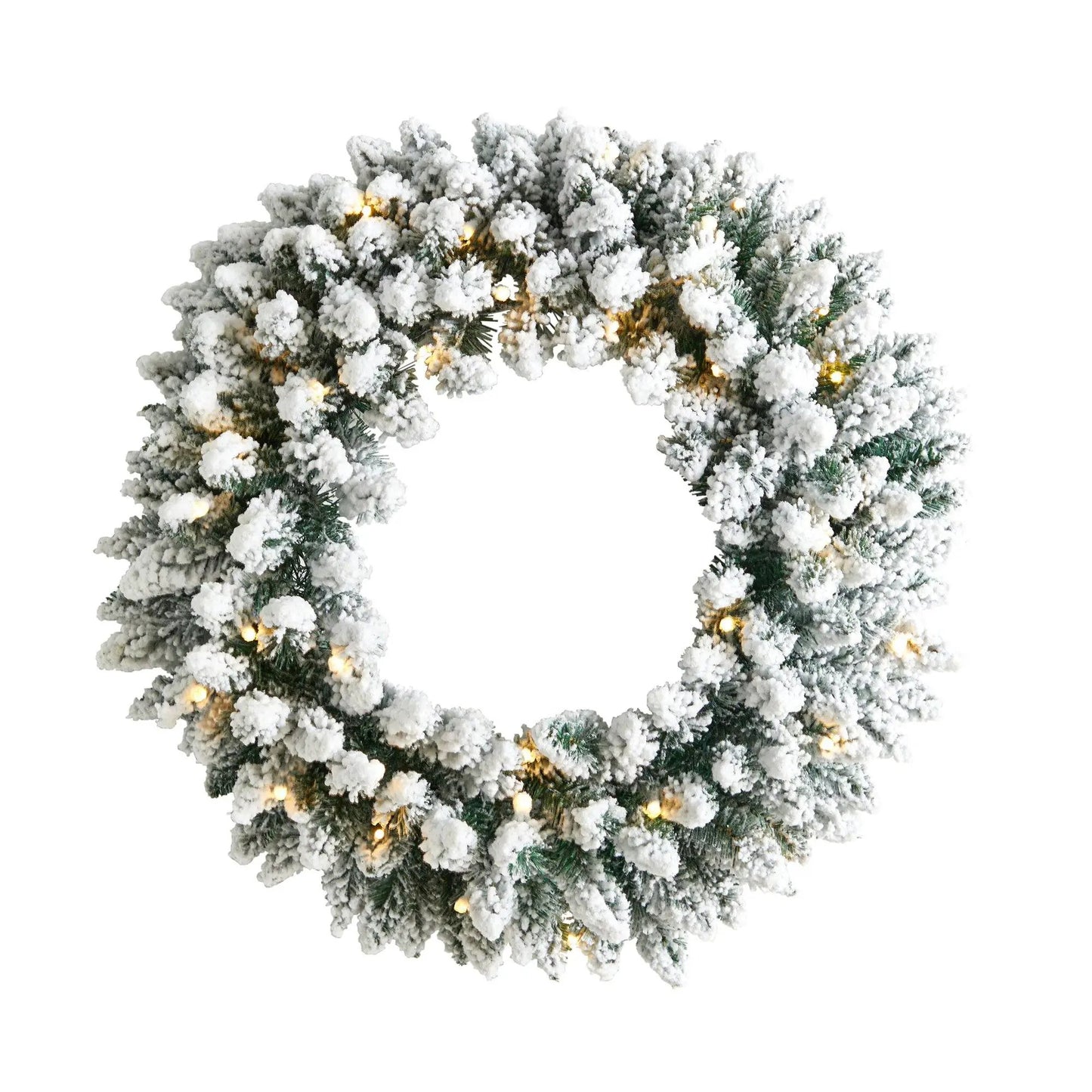 Flocked Christmas Wreath with Bendable Branches, Nearly Natural pine with snowy flock and LEDs on Tampa Home & Garden Store