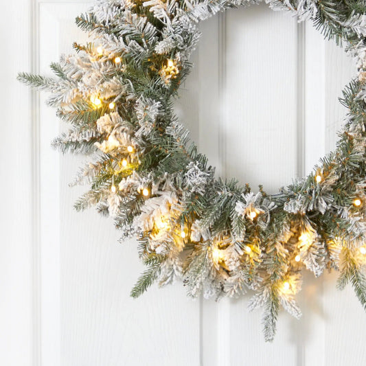 24” Flocked Artificial Christmas Wreath with 50 LED Lights - Tampa Home & Garden Store