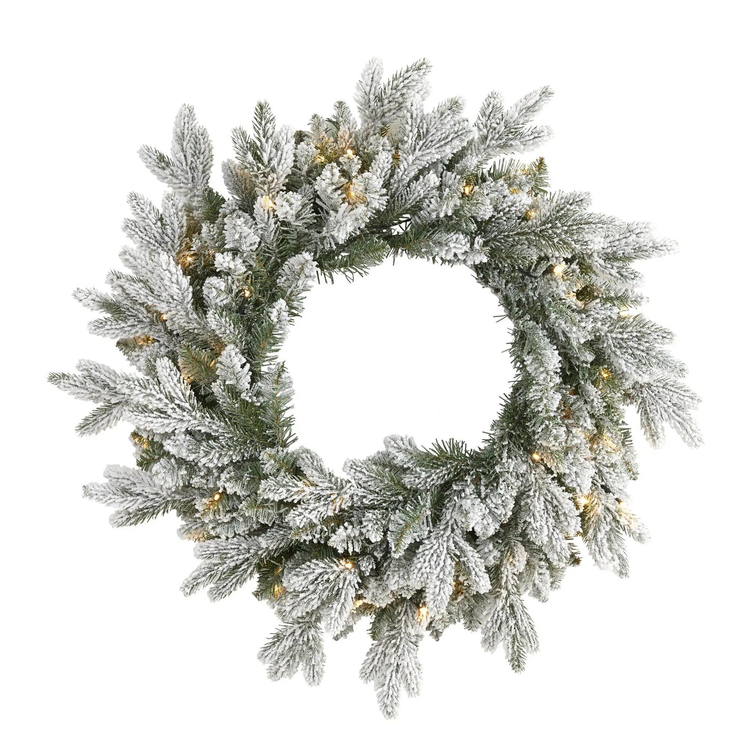 24-inch snow-flocked wreath with 50 LED lights, Nearly Natural evergreen branches on Tampa Home & Garden Store