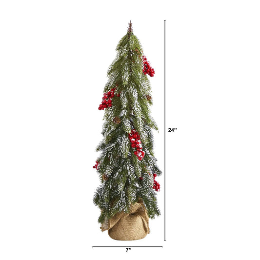 24-inch flocked Christmas tree with pinecones and red berries, burlap base Nearly Natural on Tampa Home & Garden Store